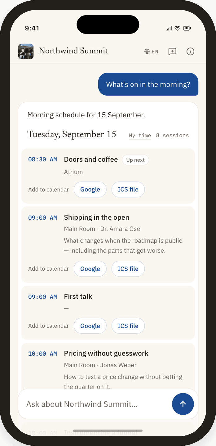 AskConcierge on a phone: an attendee asks what is on in the morning and gets the day's schedule back, each session with its room, speaker and an add-to-calendar link.